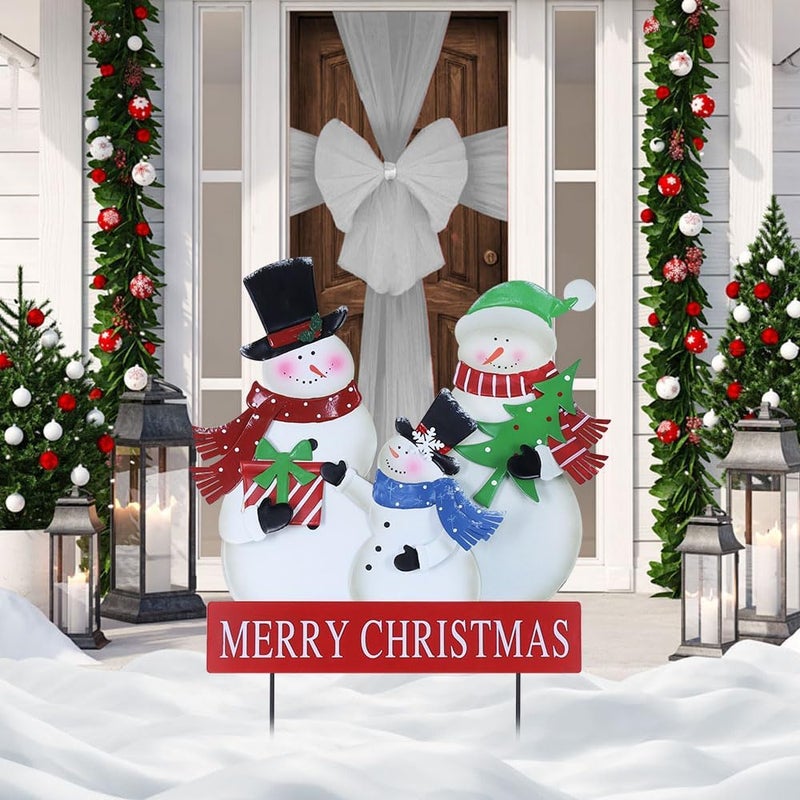 YEAHOME Outdoor Christmas Decorations, 3 Snowman Family Metal Decorative Garden Stakes for Outdoor Yard, Merry Christmas Yard Signs for Outside Garden Lawn Porch Pathway Xmas Decorations - Image 1